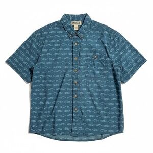 Duluth Trading Co Mens 2XL Tall Blue Fish Print Cotton Short Sleeve Button Shirt
